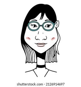 Hand-drawn funny character, young woman face with glasses, vector illustration, doodle people face
