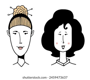 Hand-drawn funny character, young woman face, vector illustration, doodle people face