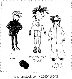 Hand-drawn funny characters, tree boys punk, freestyle and rocker in a leather jacket with inscriptions, baseball cap isolated on a white backround