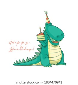 Hand-drawn funny crocodile wishes happy birthday. Birthday cake, balloons and gifts. Vector illustration for design