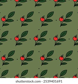 Handgezeichnete lustige Zeichnungen von Weihnachtselementen, Beeren und Blättern. Eine Illustration, die für Stoff- oder Geschenkverpackungen gezeichnet wurde.