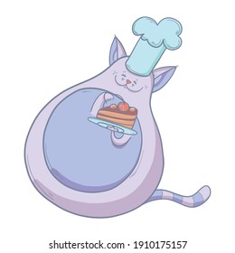 Hand-drawn funny fat cat chef cooks food. Vector illustration for design, textile print, logotype or mascot