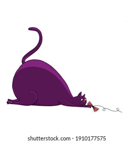 Hand-drawn funny fat cat playing with a paper bow. Vector illustration for design, textile print, logotype or mascot
