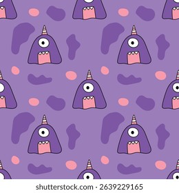 Hand-drawn funny monster on a light purole background. Seamless pattern is halloween for clothing, fabric, wallpaper, backdrop, home decoration, cover book, and wall art. 