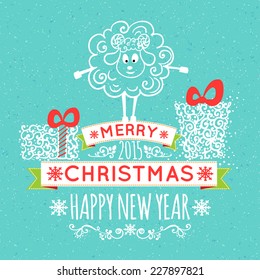  hand-drawn funny sheep with gifts. Vector Christmas illustration