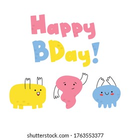 Hand-drawn funny tiny doodles-monsters with thin handles. Birthday greeting card. Funny smiling emoticons on their faces. Fashionable colorful illustration for children. Stock vector illustration