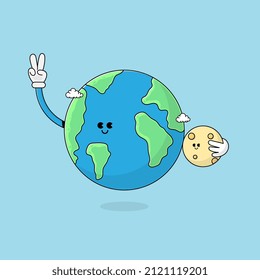 Hand-drawn funny trendy cartoon earth and moon. Vector illustration, Funny illustration. Cute illustration.