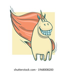 Hand-drawn funny unicorn. Humor, parody, comic illustration for design or textile print