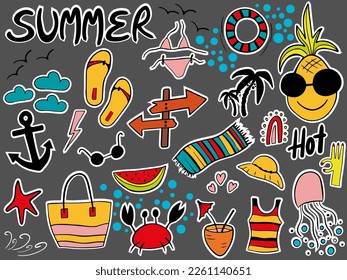 Handgezeichnete lustige Vektorgrafiken von Sommersymbolen.Sticker, Pins, Patches.Das Konzept des Sommers.