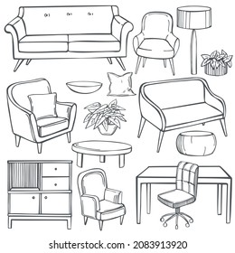 Hand-drawn furniture, lamps and plants for the home. Vector sketch  illustration.