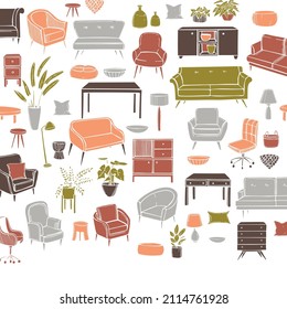 Hand-drawn furniture, lamps and plants for the home. Vector background.