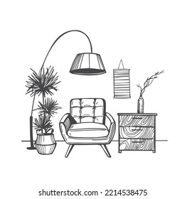 Hand-drawn furniture, lamps and plants for the home. Interior of living room. Vector sketch  illustration.