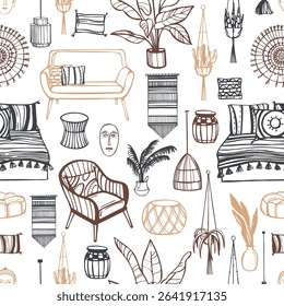 Hand-drawn furniture, lamps and plants for the home. Bohemian style interior design. Vector  seamless pattern