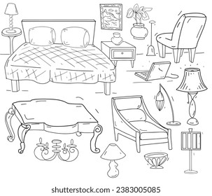 Hand-drawn furniture set sketch cute cartoon sofa chair table bathtub, sink. Individual elements of interior design style