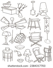 Hand-drawn furniture set sketch cute cartoon sofa chair table bathtub, sink. Individual elements of interior design style