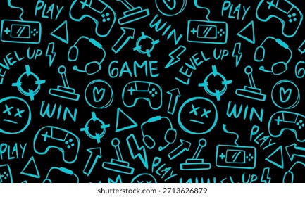 Patrón de doodle de juego dibujado a mano con Elementos de croquis azul neón sobre un fondo negro, diseñado para imágenes de juegos modernos, fondos digitales y proyectos creativos orientados a los jóvenes.