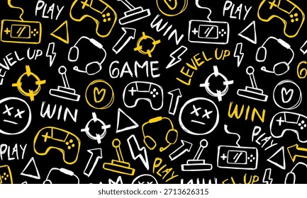 Hand-drawn gaming doodle pattern with white and yellow sketch elements on a black background, suitable for playful game designs, creative surfaces, and modern decorative use.
