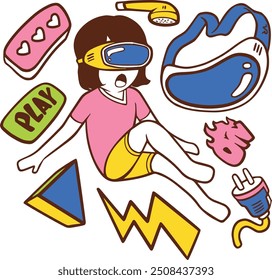 Hand-drawn gaming vector set with consoles, controllers, and gamer icons. Perfect for creating fun, nostalgic designs for gamers, streamers, and video game-themed projects