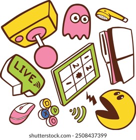 Hand-drawn gaming vector set with consoles, controllers, and gamer icons. Perfect for creating fun, nostalgic designs for gamers, streamers, and video game-themed projects
