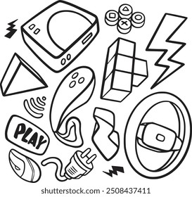 Hand-drawn gaming vector set with consoles, controllers, and gamer icons. Perfect for creating fun, nostalgic designs for gamers, streamers, and video game-themed projects