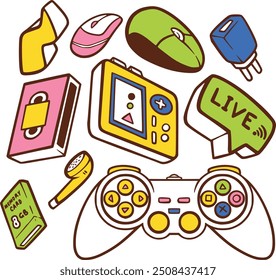 Conjunto de Vectores de juego dibujados a mano con consolas, controladores e íconos de jugador. Video Perfecto para crear diseños divertidos y nostálgicos para jugadores, streamers y proyectos temáticos de juegos