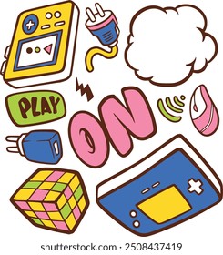Hand-drawn gaming vector set with consoles, controllers, and gamer icons. Perfect for creating fun, nostalgic designs for gamers, streamers, and video game-themed projects