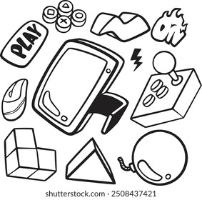 Hand-drawn gaming vector set with consoles, controllers, and gamer icons. Perfect for creating fun, nostalgic designs for gamers, streamers, and video game-themed projects