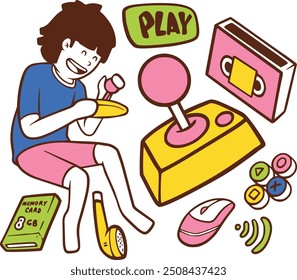 Hand-drawn gaming vector set with consoles, controllers, and gamer icons. Perfect for creating fun, nostalgic designs for gamers, streamers, and video game-themed projects
