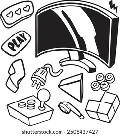 Hand-drawn gaming vector set with consoles, controllers, and gamer icons. Perfect for creating fun, nostalgic designs for gamers, streamers, and video game-themed projects
