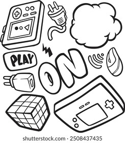 Hand-drawn gaming vector set with consoles, controllers, and gamer icons. Perfect for creating fun, nostalgic designs for gamers, streamers, and video game-themed projects