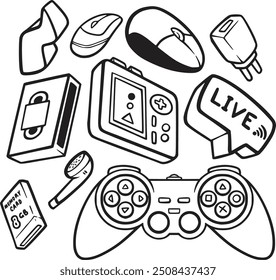 Hand-drawn gaming vector set with consoles, controllers, and gamer icons. Perfect for creating fun, nostalgic designs for gamers, streamers, and video game-themed projects