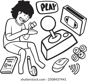 Hand-drawn gaming vector set with consoles, controllers, and gamer icons. Perfect for creating fun, nostalgic designs for gamers, streamers, and video game-themed projects