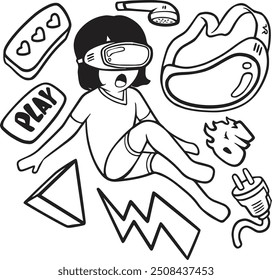 Hand-drawn gaming vector set with consoles, controllers, and gamer icons. Perfect for creating fun, nostalgic designs for gamers, streamers, and video game-themed projects