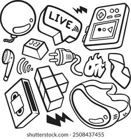 Hand-drawn gaming vector set with consoles, controllers, and gamer icons. Perfect for creating fun, nostalgic designs for gamers, streamers, and video game-themed projects