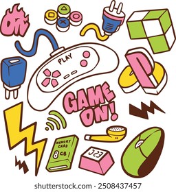 Vetor de jogos desenhado à mão com consoles, controladores e ícones do jogador. Perfeito para criar designs divertidos e nostálgicos para gamers, streamers e projetos com temas de videogames