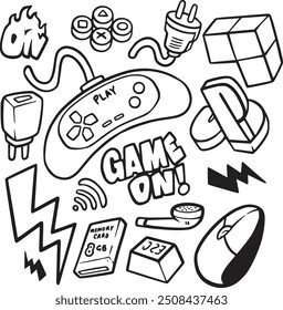 Hand-drawn gaming vector set with consoles, controllers, and gamer icons. Perfect for creating fun, nostalgic designs for gamers, streamers, and video game-themed projects