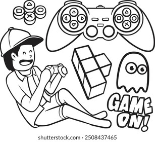 Hand-drawn gaming vector set with consoles, controllers, and gamer icons. Perfect for creating fun, nostalgic designs for gamers, streamers, and video game-themed projects