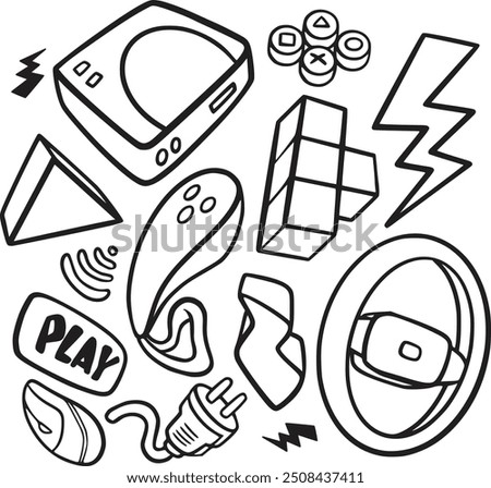 Hand-drawn gaming vector set with consoles, controllers, and gamer icons. Perfect for creating fun, nostalgic designs for gamers, streamers, and video game-themed projects