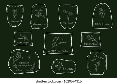 Hand-drawn garden and flower labels. White chalk on solid background
