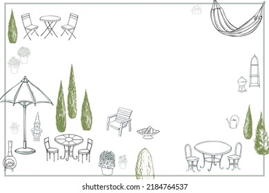 Hand-drawn garden furniture, flowers and plants. Vector background. Sketch illustration.