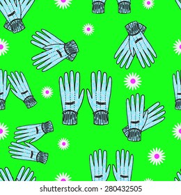 Hand-drawn garden gloves with daisy print, seamless design with stripes. Vector EPS-10 file, transparency used. 