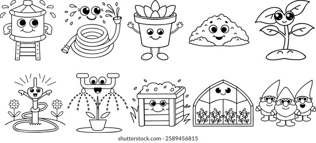 Hand-drawn gardening doodles featuring plants, sprinklers, greenhouses, and garden gnomes in a cute style