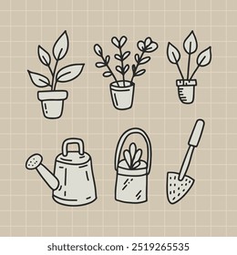 Ilustração de elementos de jardinagem desenhados à mão com plantas em vaso, lata de regar e pá. Estilo contorno preto e branco, perfeito para jardinagem, natureza e temas de design eco-friendly.