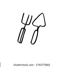 Herramientas de jardinería a mano. Una pequeña pala y un pequeño rastrillo. Ilustración vectorial de Doodle en blanco y negro