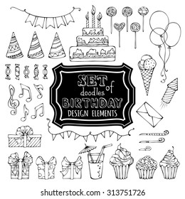 Hand-drawn garlands and balloons, music notes, gift boxes, party blowouts, cakes and candies, birthday pie, party hats and other doodles design elements isolated on white background.