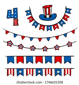 Hand-drawn garlands for Independence Day of the United States of America. Symbols of the USA in national colors. Set of elements and flags for July 4th. Vector illustration for poster design.