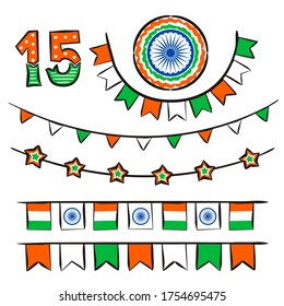 Hand-drawn garlands for Indian Independence Day. Symbols of India in national colors. Set of elements and flags for August 15th. Vector illustration for poster design.