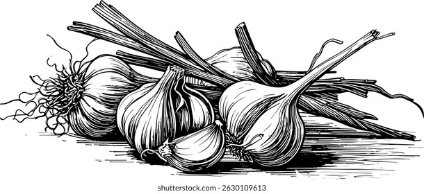 Bolbos de alho desenhados à mão e ilustração de cravinho	