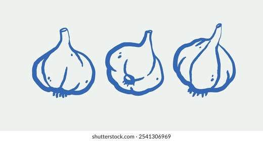 Hand-drawn Garlic Illustration Set. Line art, ink, minimalist style. Vector illustration. 