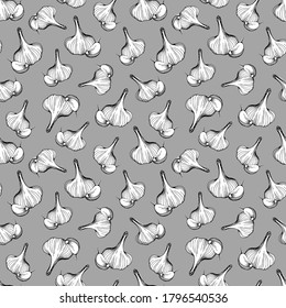 Hand-drawn garlic pattern on a gray background. Design for textiles, printing, paper, cooking blogs and books
